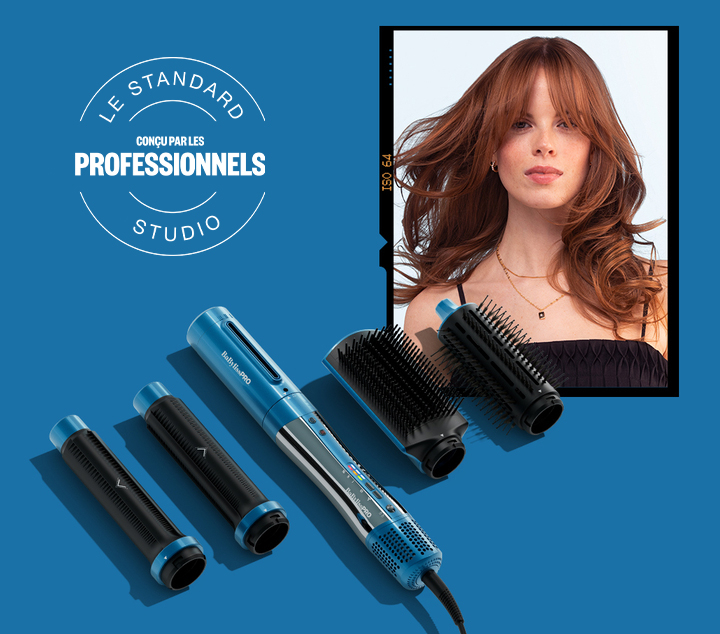 Style switch straight & wavy hair kit with interchangeable brush attachments shown alongside styled hair result.